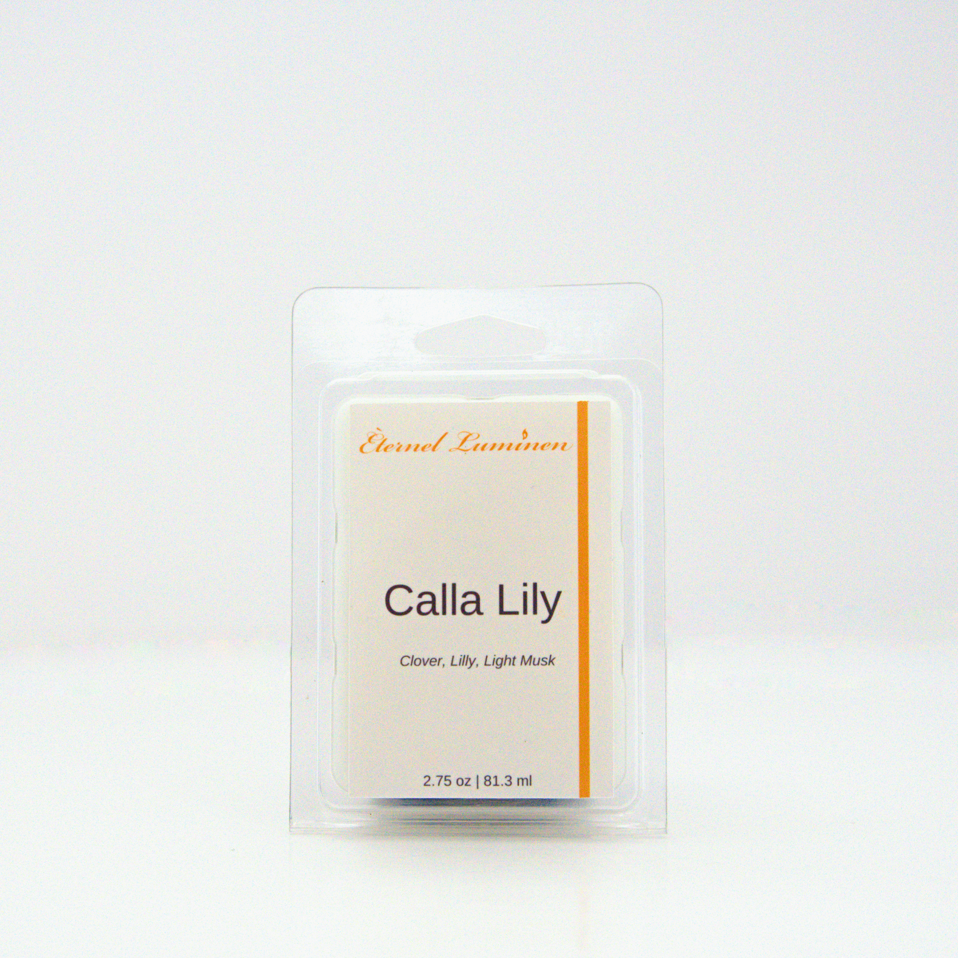 A 2.75 oz, 6 cube, calla lily wax melt sitting against a white background made by Eternel Luminen.