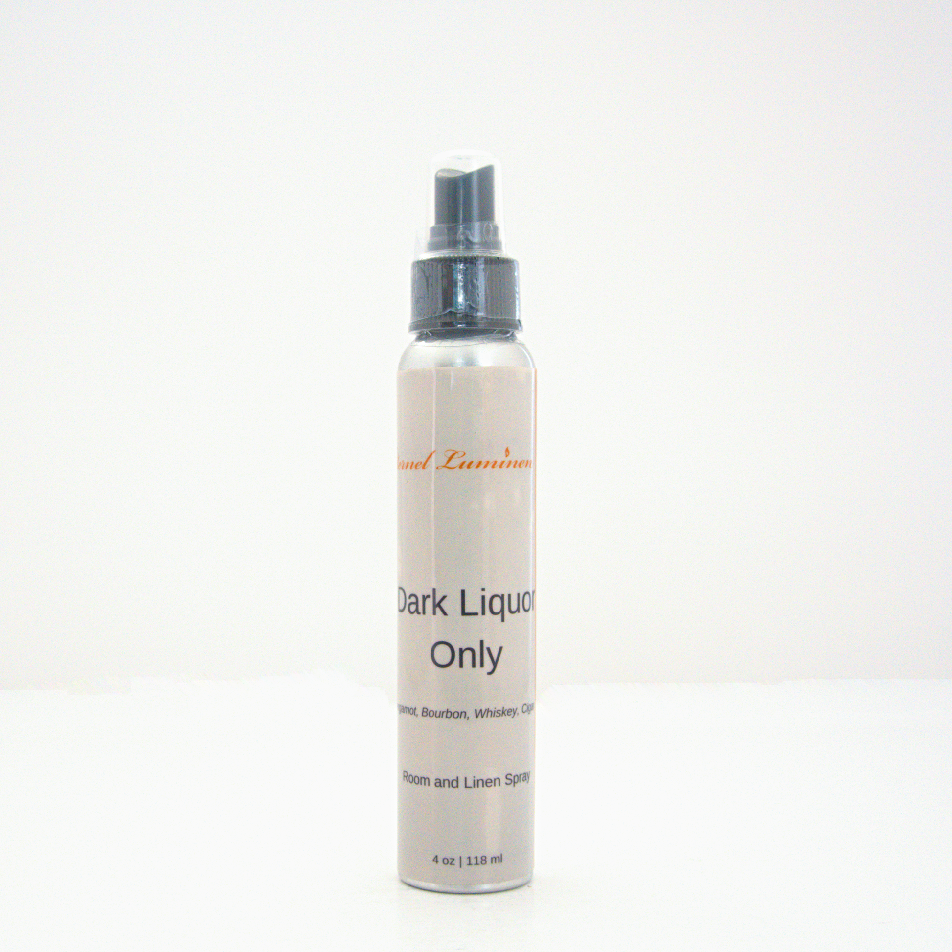 A 4oz Dark Liquor Only room & linen spray sitting against a white background made by Eternel Luminen.