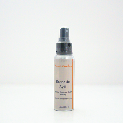 A 2.5oz Esans de Ayiti room & linen spray sitting against a white background made by Eternel Luminen.