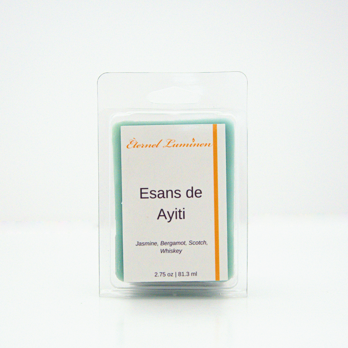 A 2.75 oz, 6 cube, Esans de Ayiti wax melt sitting against a white background made by Eternel Luminen.