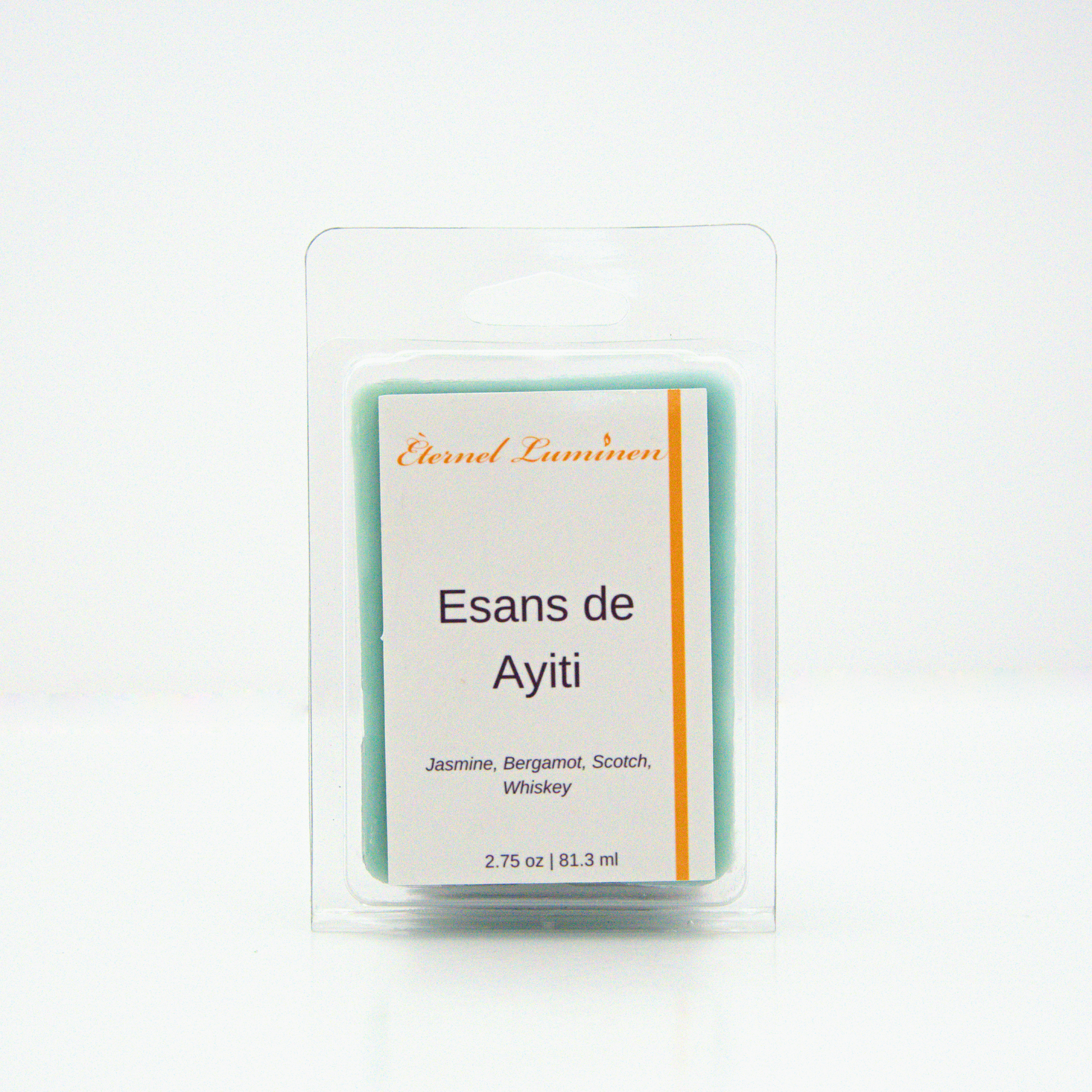 A 2.75 oz, 6 cube, Esans de Ayiti wax melt sitting against a white background made by Eternel Luminen.