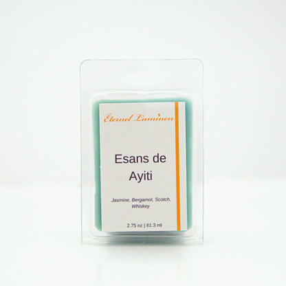 A 2.75 oz, 6 cube, Esans de Ayiti wax melt sitting against a white background made by Eternel Luminen.