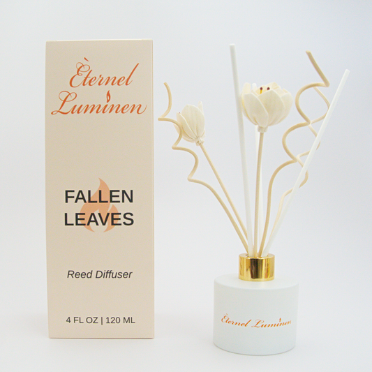 A 4oz Fallen Leaves reed diffuser in a frosted white jar sitting against a white background
