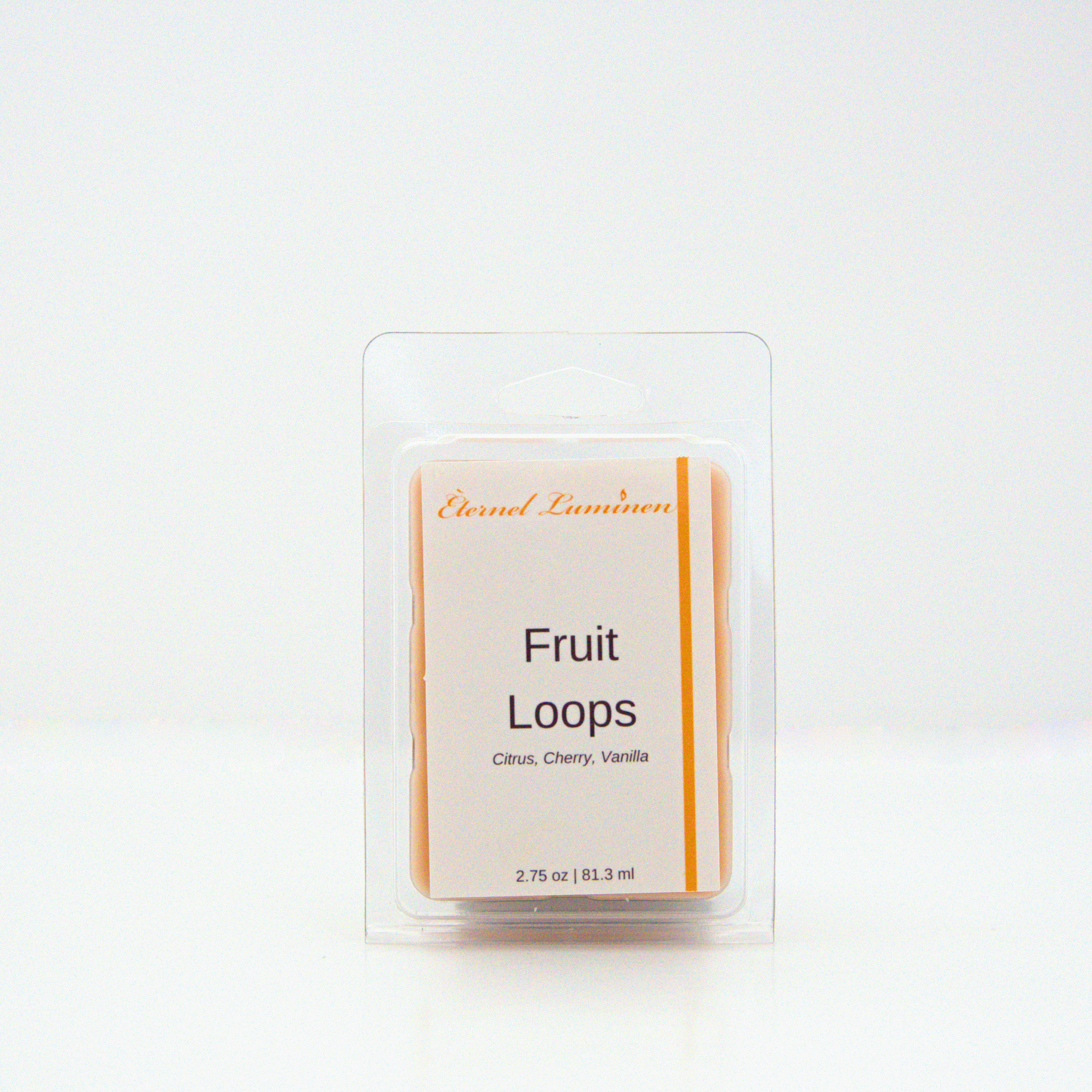 A 2.75 oz, 6 cube, fruit loops wax melt sitting against a white background made by Eternel Luminen.