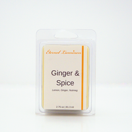 A 2.75 oz, 6 cube, ginger and spice wax melt sitting against a white background made by Eternel Luminen.