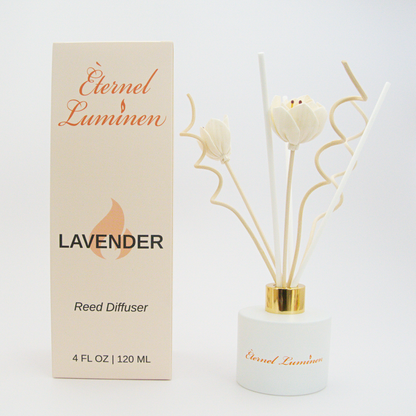 A 4oz Lavender reed diffuser in a frosted white jar sitting against a white background