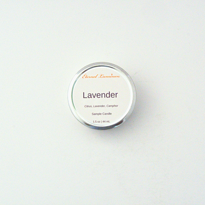 A 1.5oz Lavender sample candle in a tin jar sitting against a white background made by Eternel Luminen