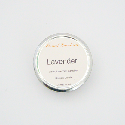 A 1.5oz Lavender sample candle in a tin jar sitting against a white background