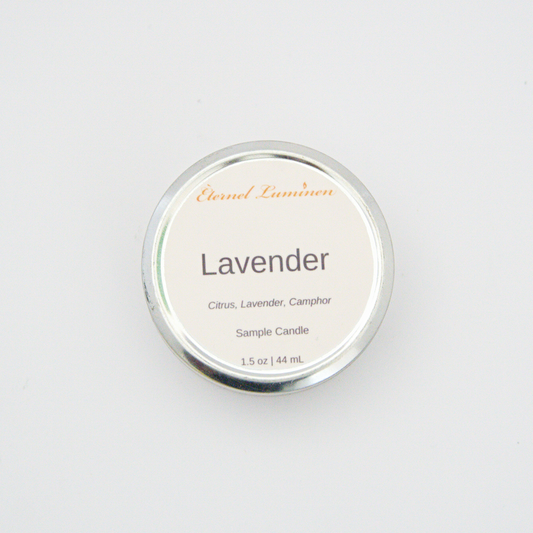A 1.5oz Lavender sample candle in a tin jar sitting against a white background