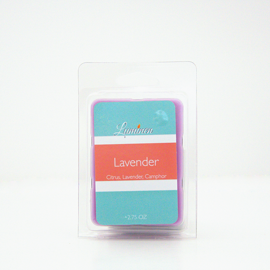 A 2.75 oz, 6 cube, lavender wax melt sitting against a white background made by Eternel Luminen.