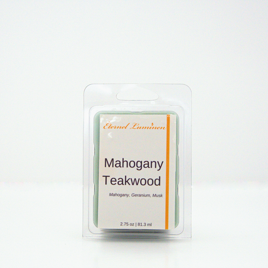 A 2.75 oz, 6 cube, mahogany teakwood wax melt sitting against a white background made by Eternel Luminen.