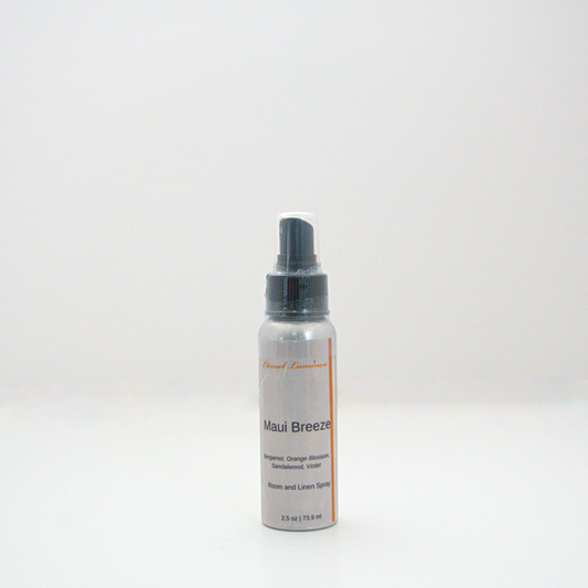 A 2.5oz Maui Breeze room & linen spray sitting against a white background made by Eternel Luminen. 