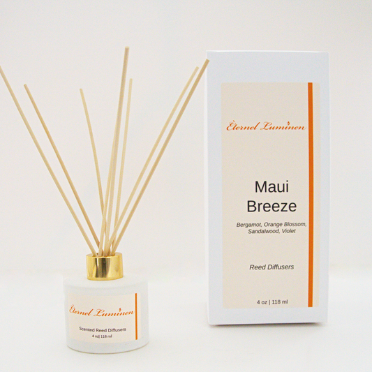 A 4oz Maui Breeze reed diffuser in a frosted white jar sitting against a white background made by Eternel Luminen