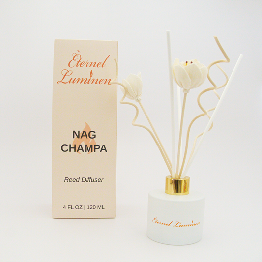A 4oz Nag Champa reed diffuser in a frosted white jar sitting against a white background