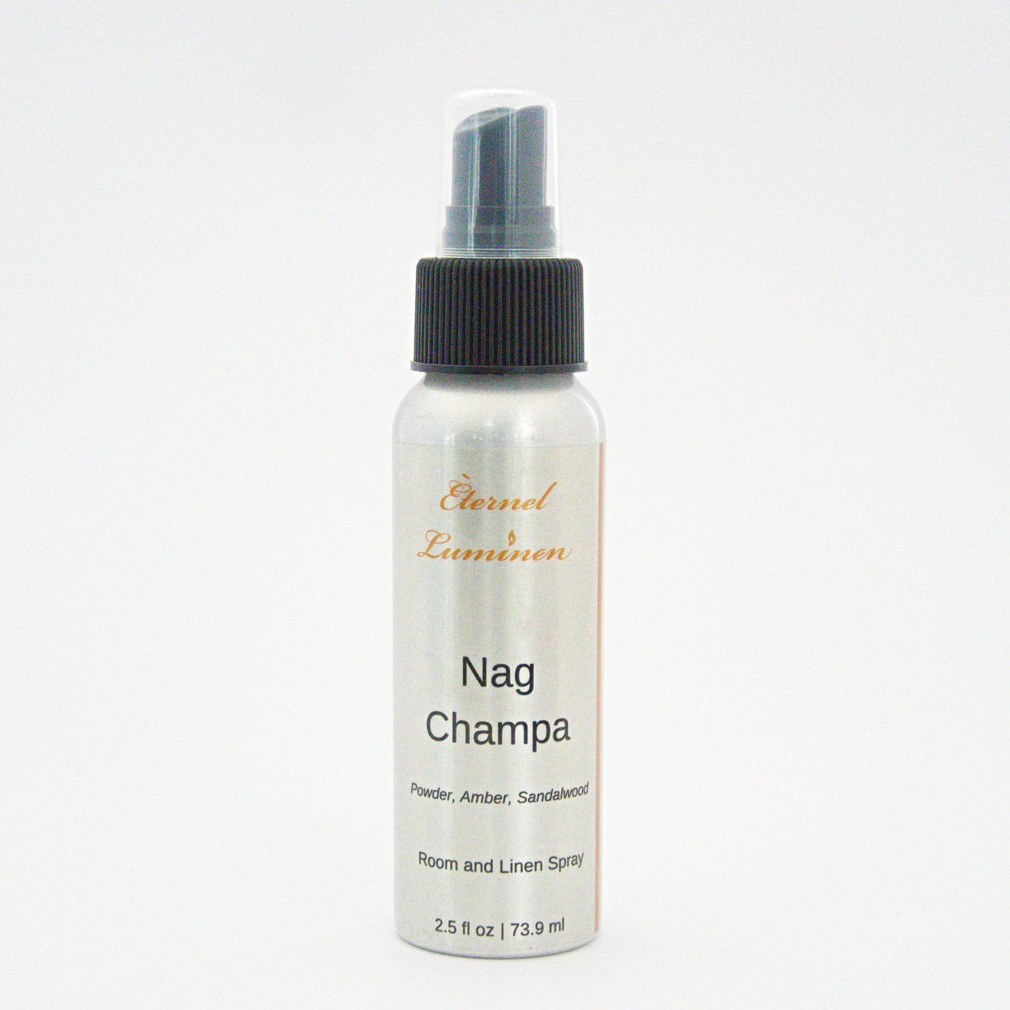 A 2.5oz Nag Champa room & linen spray sitting against a white background made by Eternel Luminen. 