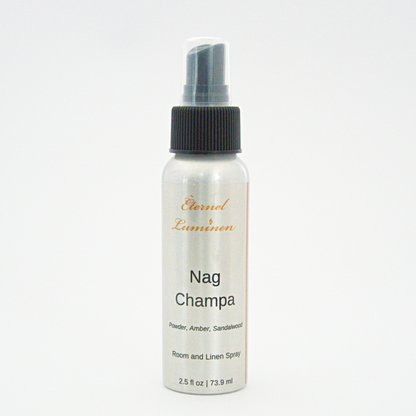 A 2.5oz Nag Champa room & linen spray sitting against a white background made by Eternel Luminen. 
