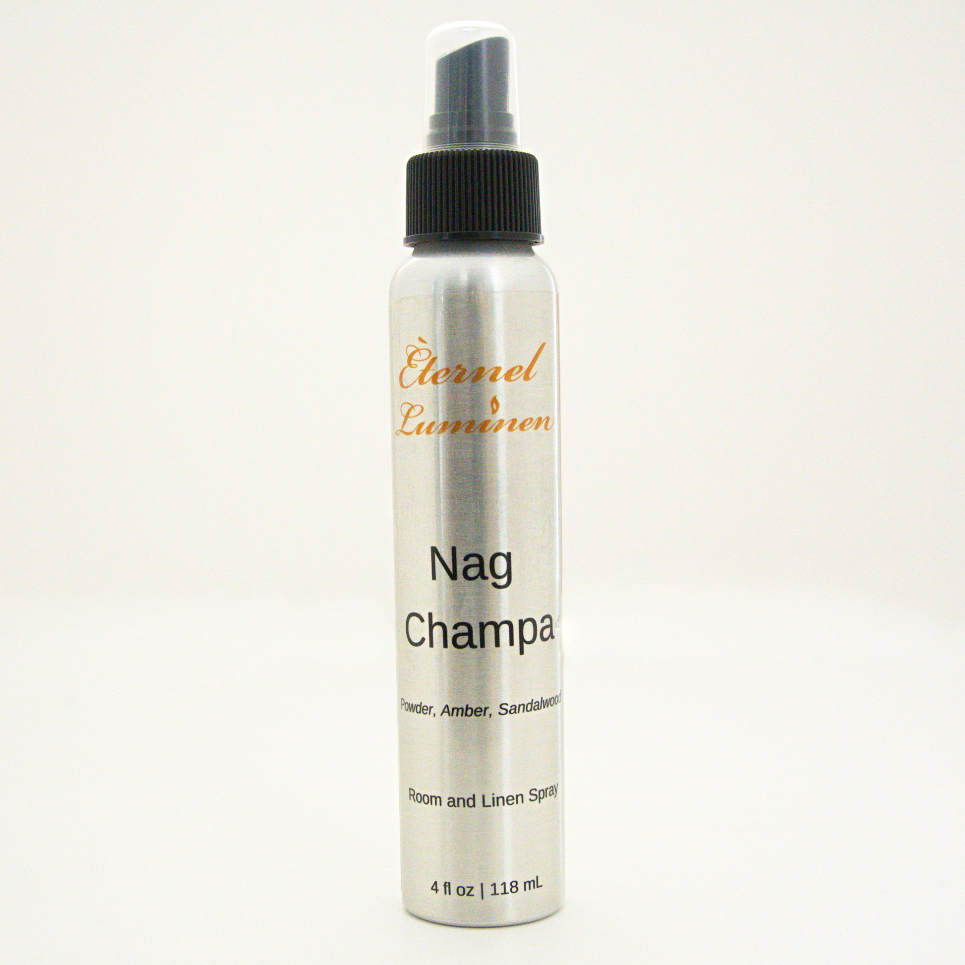 A 4oz Nag Champa room & linen spray sitting against a white background made by Eternel Luminen. 