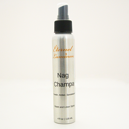 A 4oz Nag Champa room & linen spray sitting against a white background made by Eternel Luminen. 