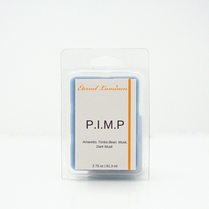 A 2.75 oz, 6 cube, P.I.M.P wax melt sitting against a white background made by Eternel Luminen.