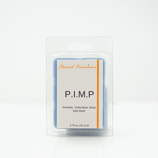 A 2.75 oz, 6 cube, P.I.M.P wax melt sitting against a white background made by Eternel Luminen.