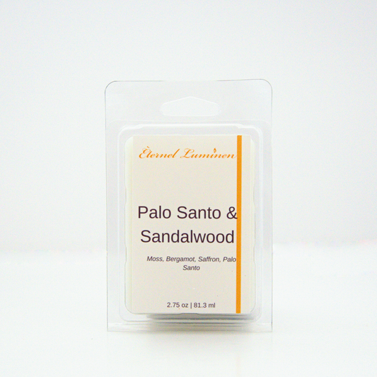 A 2.75 oz, 6 cube, Palo Santo and sandalwood wax melt sitting against a white background made by Eternel Luminen.