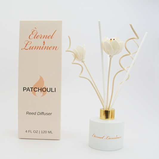 A 4oz Patchouli reed diffuser in a frosted white jar sitting against a white background