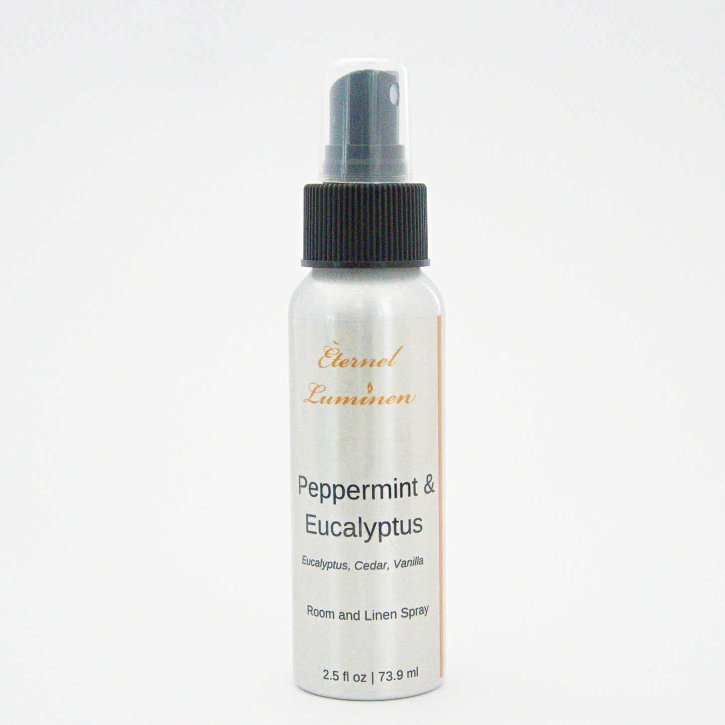 A 2.5oz Peppermint & Eucalyptus room & linen spray sitting against a white background. 