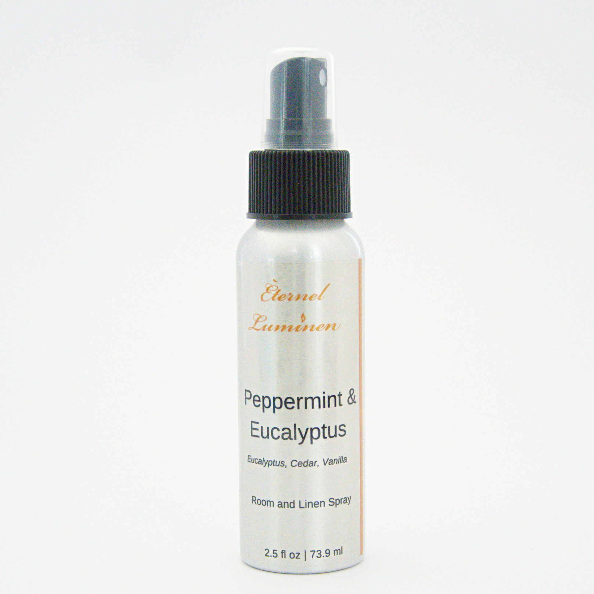 A 2.5oz Peppermint & Eucalyptus room & linen spray sitting against a white background. 