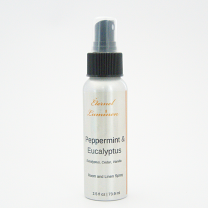 A 2.5oz Peppermint & Eucalyptus room & linen spray sitting against a white background. 