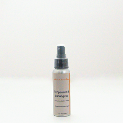 A 2.5oz Peppermint & Eucalyptus room & linen spray sitting against a white background made by Eternel Luminen. 