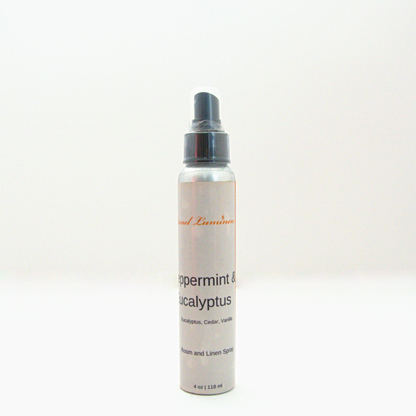 A 4oz Peppermint & Eucalyptus room & linen spray sitting against a white background made by Eternel Luminen.