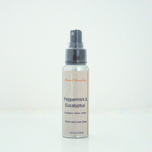 A 2.5 oz Peppermint & Eucalyptus room & linen spray sitting against a white background made by Eternel Luminen. 