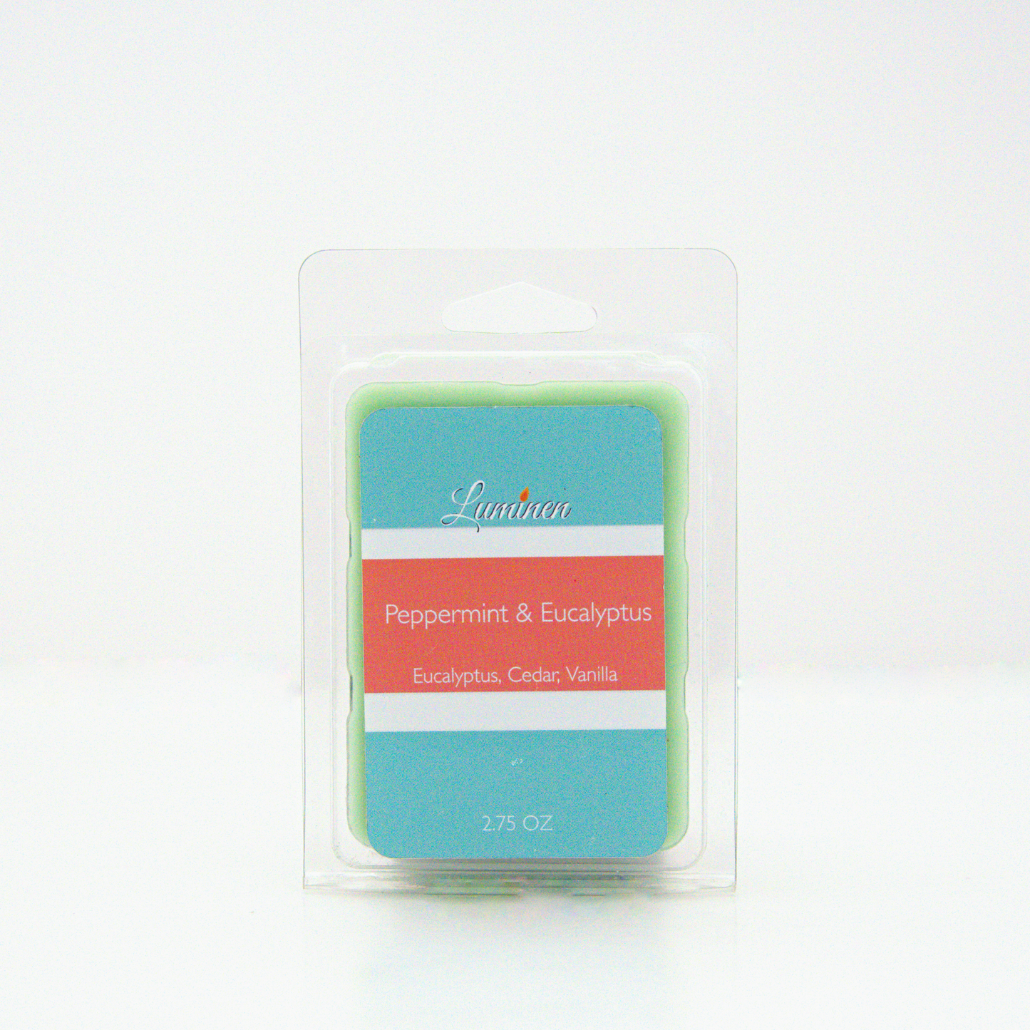 A 2.75 oz, 6 cube, peppermint & eucalyptus wax melt sitting against a white background made by Eternel Luminen.