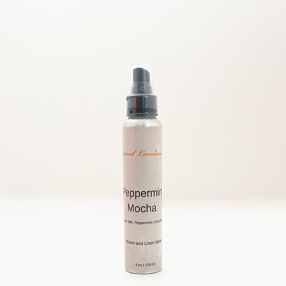 A 4oz Peppermint Mocha room & linen spray sitting against a white background made by Eternel Luminen. 