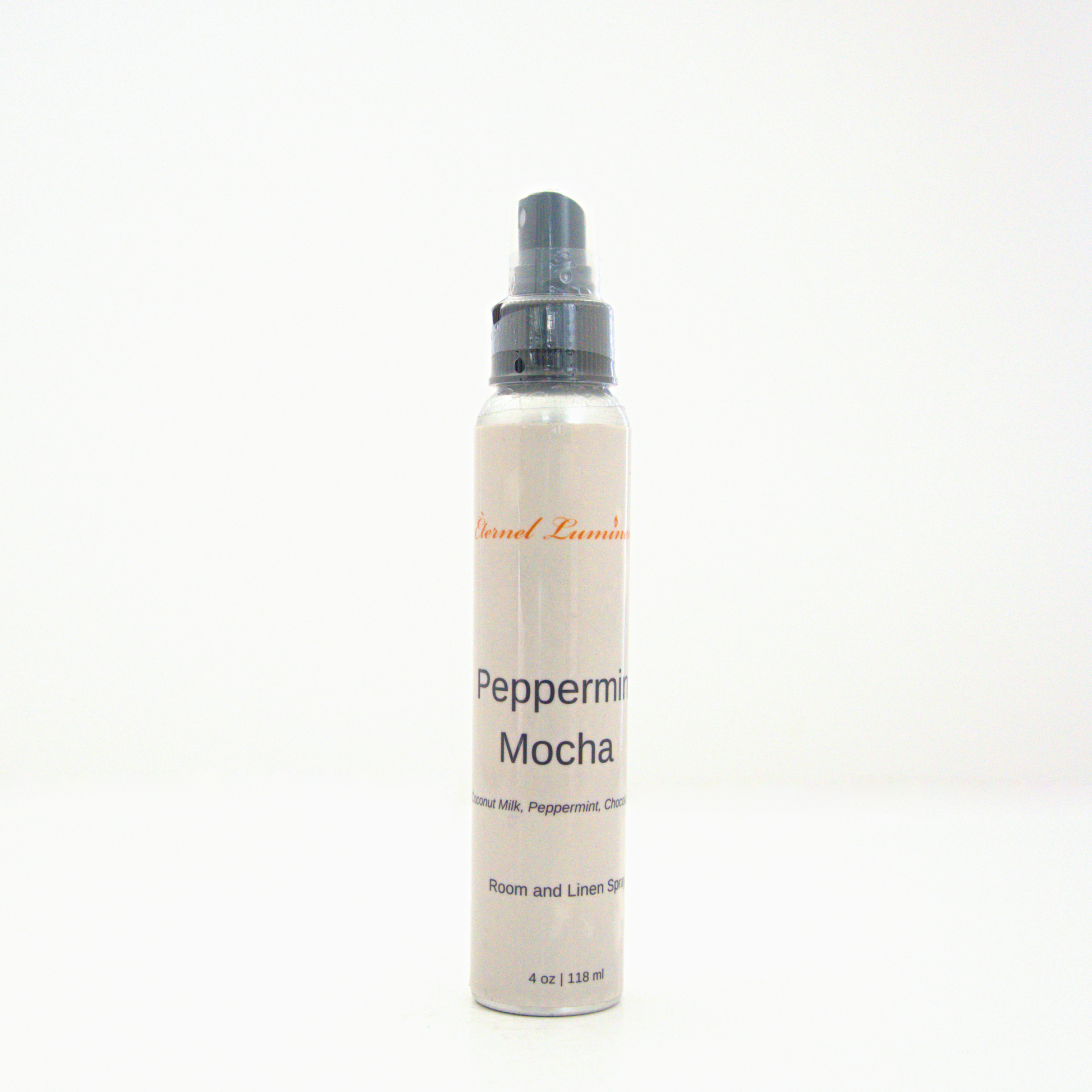 A 4oz Peppermint Mocha room & linen spray sitting against a white background made by Eternel Luminen.