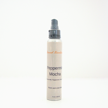 A 4oz Peppermint Mocha room & linen spray sitting against a white background made by Eternel Luminen.
