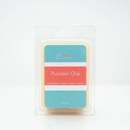 A 2.75 oz, 6 cube, Pumpkin chai wax melt sitting against a white background made by Eternel Luminen.