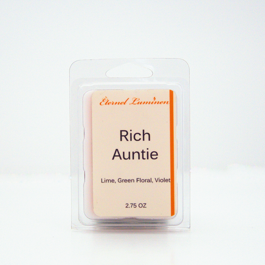 A 2.75 oz, 6 cube, Rich Auntie wax melt sitting against a white background made by Eternel Luminen.