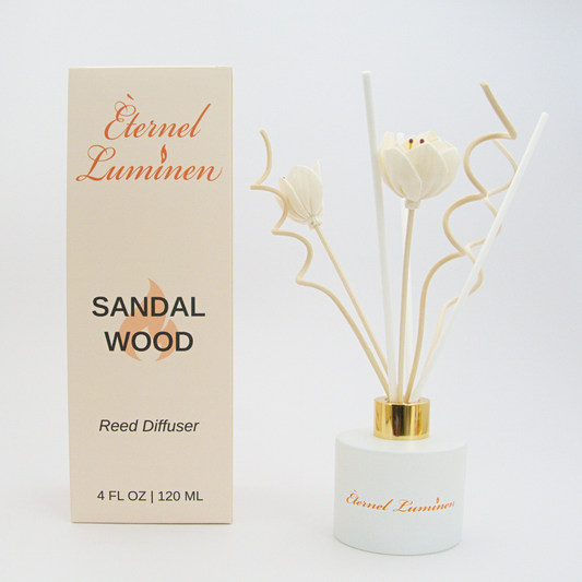 A 4oz Sandalwood reed diffuser in a frosted white jar sitting against a white background