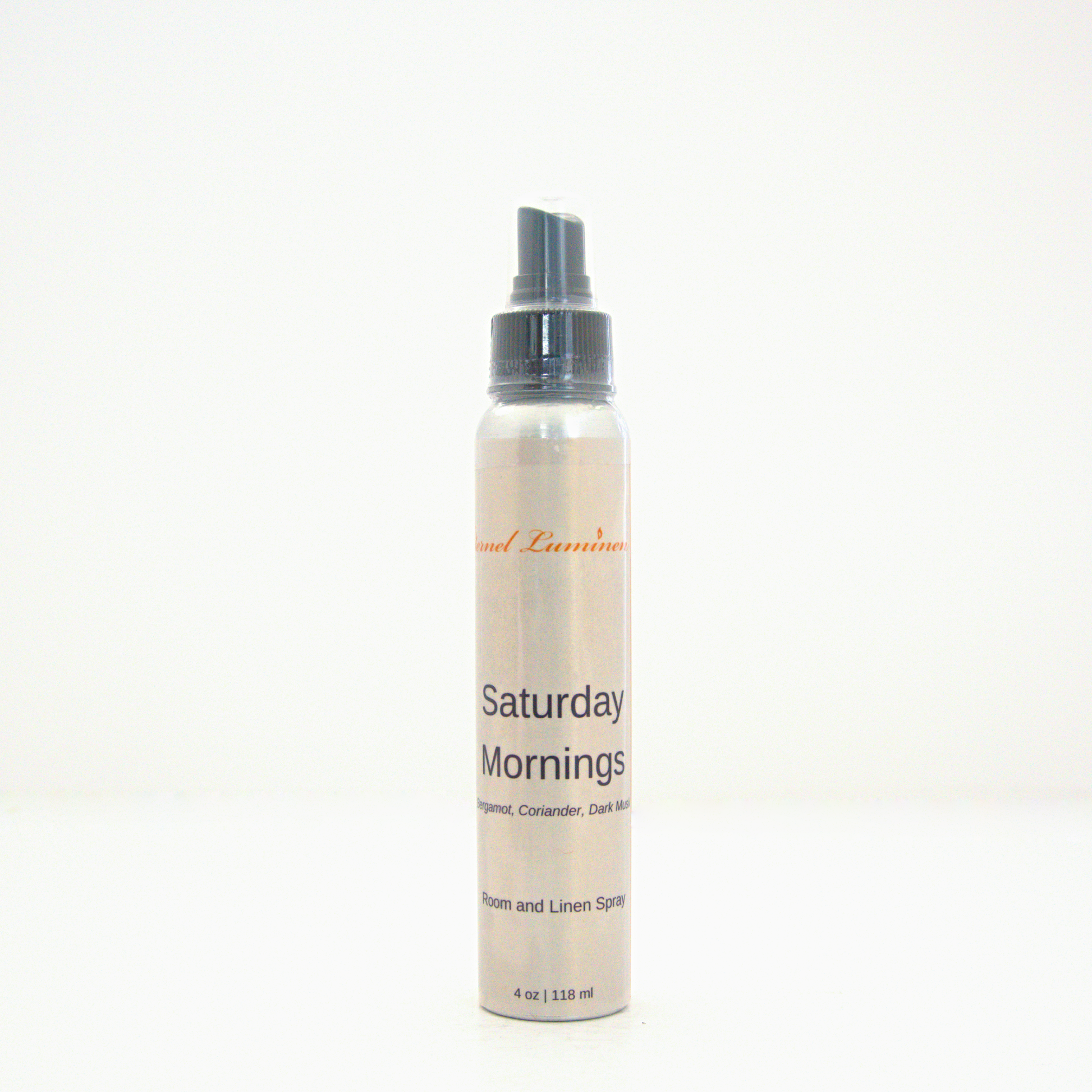 A 4oz Saturday Mornings room & linen spray sitting against a white background made by Eternel Luminen.