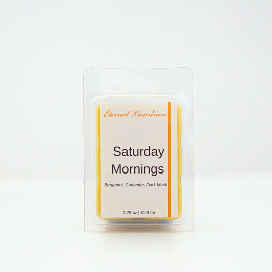 A 2.75 oz, 6 cube, saturday mornings wax melt sitting against a white background made by Eternel Luminen.