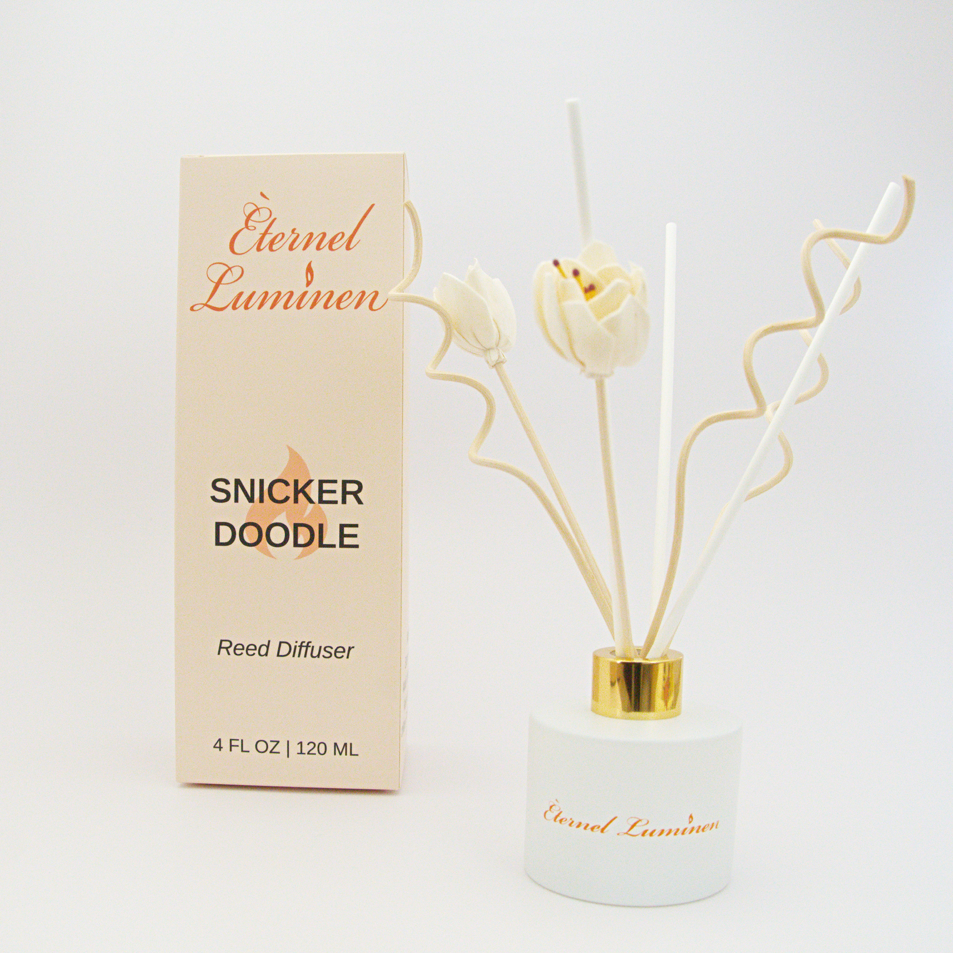 A 4oz Snickerdoodle reed diffuser in a frosted white jar sitting against a white background