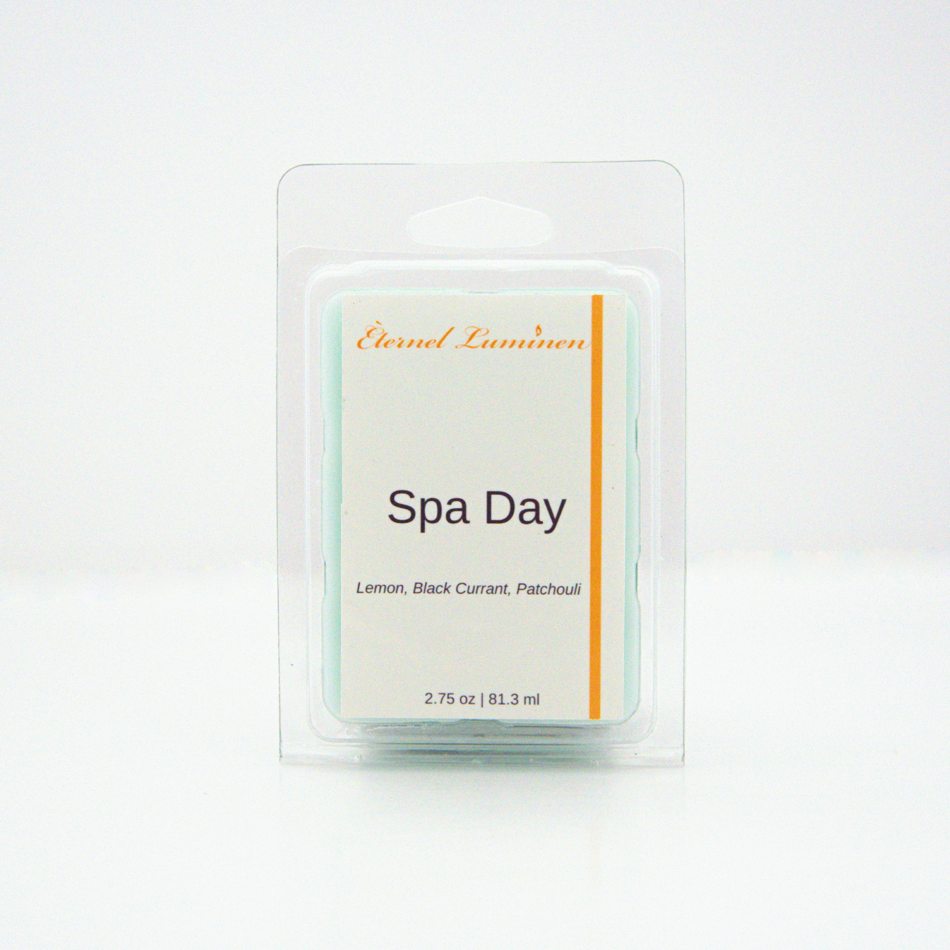 A 2.75 oz, 6 cube, Spa Day wax melt sitting against a white background made by Eternel Luminen.