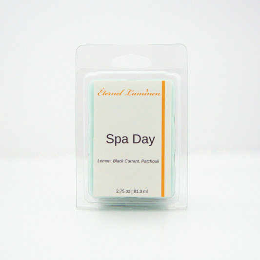 A 2.75 oz, 6 cube, Spa Day wax melt sitting against a white background made by Eternel Luminen.