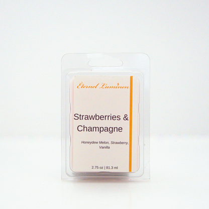 A 2.75 oz, 6 cube, strawberries & champagne wax melt sitting against a white background made by Eternel Luminen 
