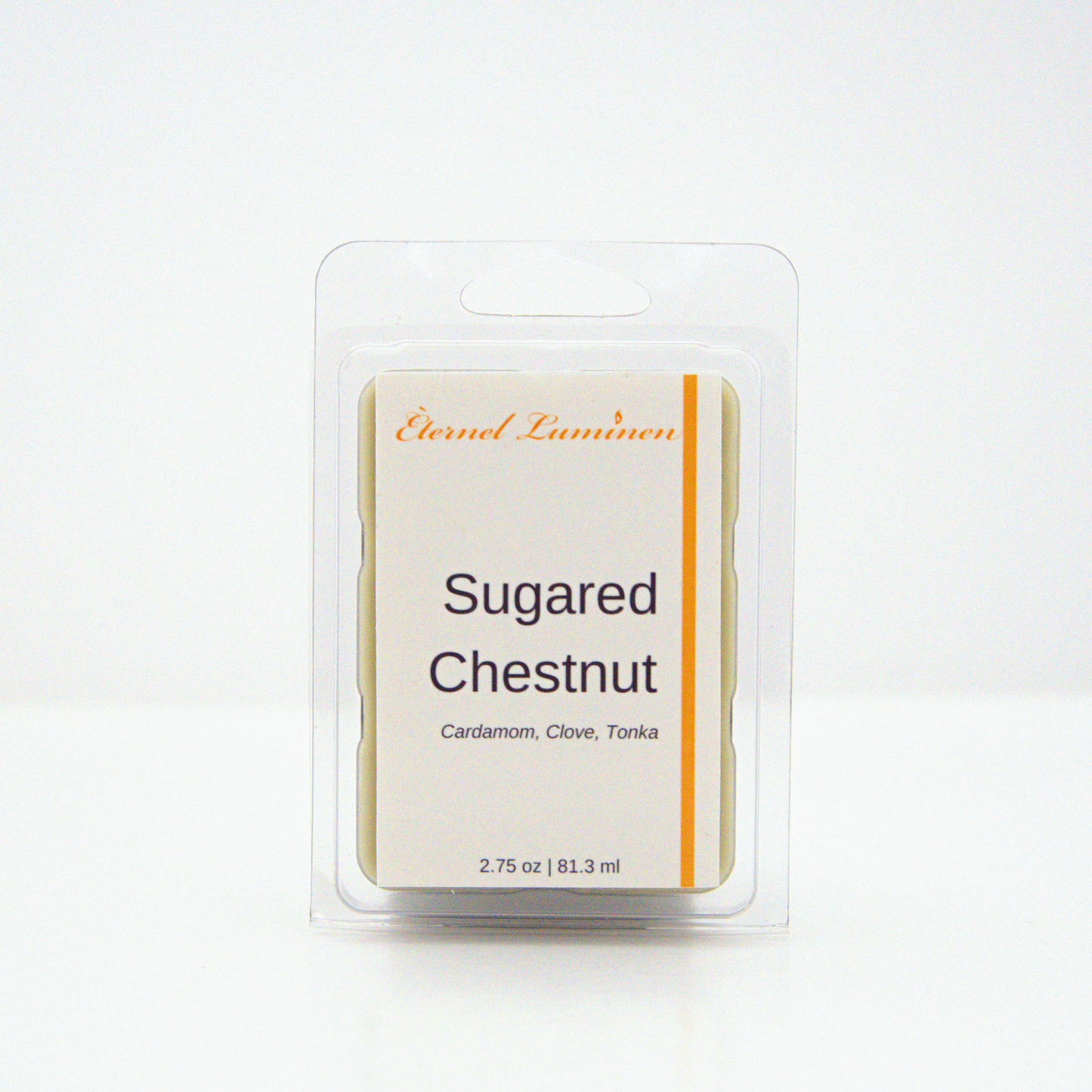 A 2.75 oz,  6 cube, Sugared Chestnut wax melt sitting against a white background made by Eternel Luminen.