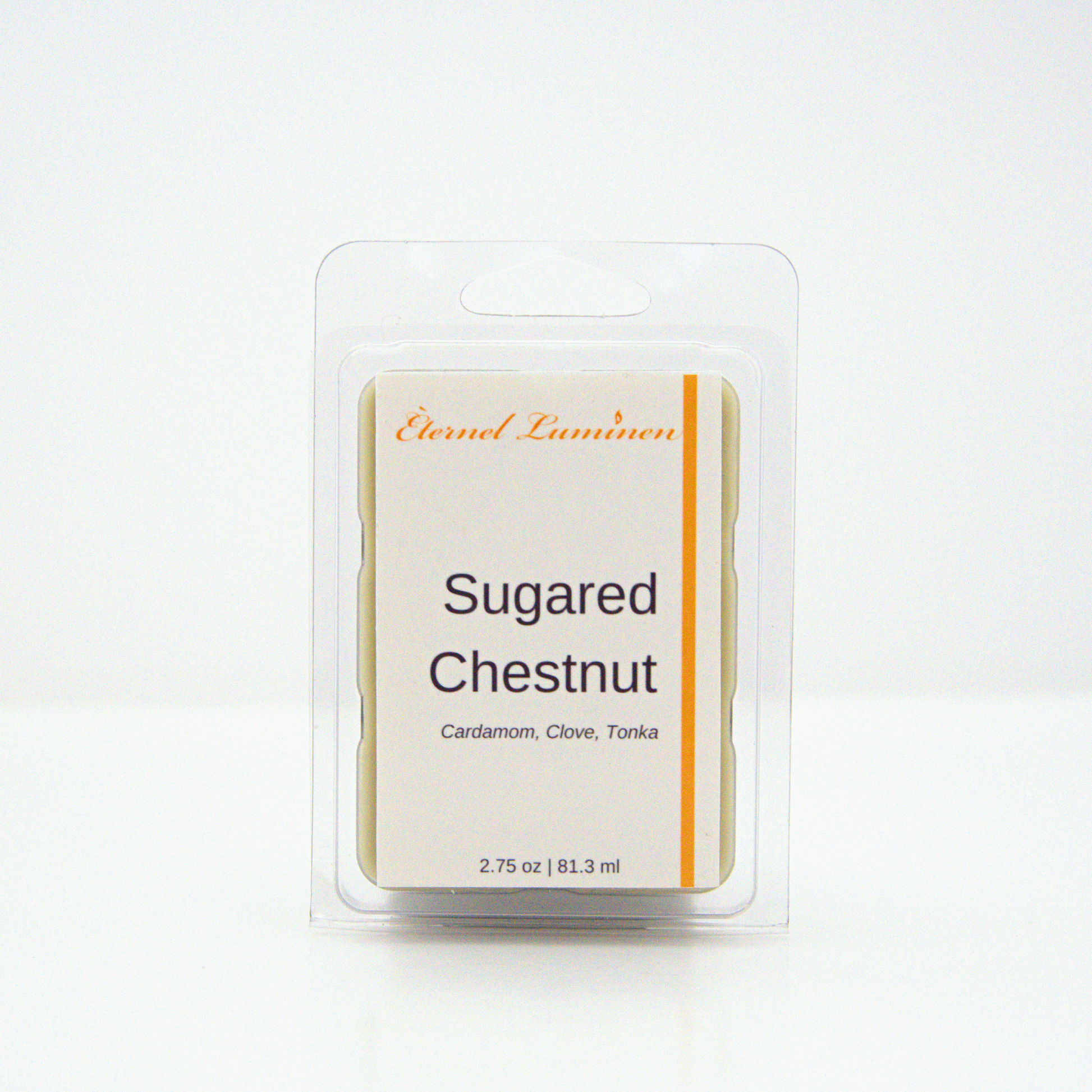 A 2.75 oz,  6 cube, Sugared Chestnut wax melt sitting against a white background made by Eternel Luminen.