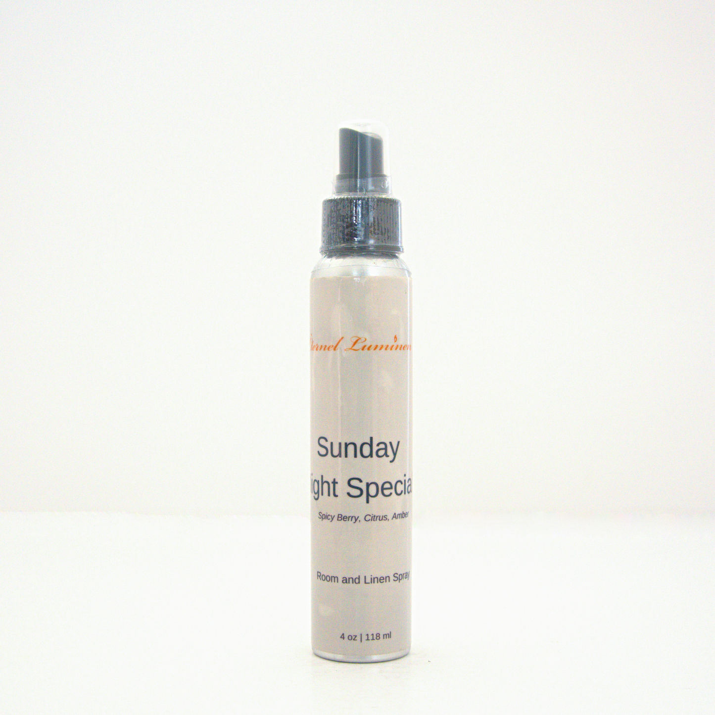 A 4oz Sunday Night Special room & linen spray sitting against a white background made by Eternel Luminen.