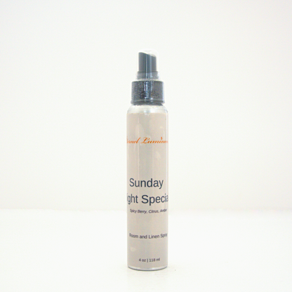 A 4oz Sunday Night Special room & linen spray sitting against a white background made by Eternel Luminen.