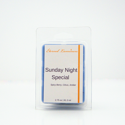 A 2.75 oz, 6 cube, sunday night special wax melt sitting against a white background made by Eternel Luminen.